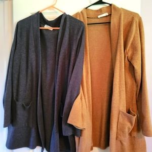 Two Zenana sweaters, one dark gray, one camel. Comfortable size LG.